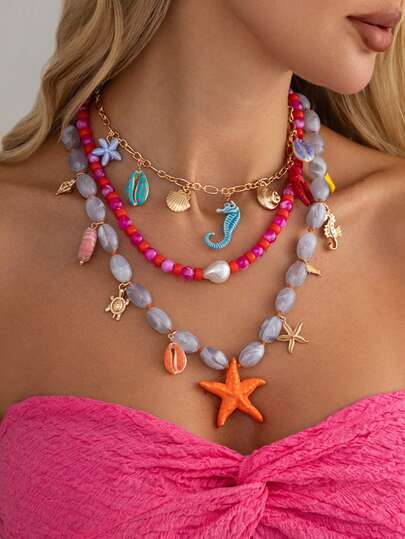 3pcs Bohemian Style Summer Beach Layered Beaded Necklace Set, Including Starfish, Seahorse, Shell And Ocean Element Pendant Choker, Colorful Vacation Style Personalized Necklace, Suitable For Women, Perfect For Beach Vacation, Daily Travel Wear, Beach Accessories, Women's Summer Accessories, Summer Jewelry, Back To School Gift