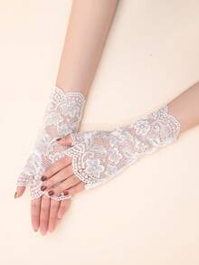 Flower Lace Open Finger Gloves Valentine's Day Valentines Autumn Accessories - White - View 5