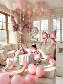 33pcs Pink Princess Birthday Balloon Set - Rocking Horse & Bow Foil Balloons, Suitable For Girls Birthday Party Decoration, Applicable For Home And Photo Occasions, Especially Suitable For Princess Theme And Baby Shower Events, Anniversary, Room Decoration. - View 3