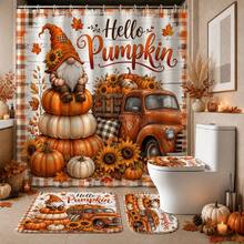 1/4pcs Vintage Pumpkin Truck Fall Harvest Heat-Insulating Home Decor Bathroom Shower Curtain With 12 Hooks For All Scenarios, Rustic Country Farmhouse Decoration, 4pcs Include: 1pc Shower Curtain 150*180cm+180*180cm+180*200cm - Pumpkin Farm - View 4