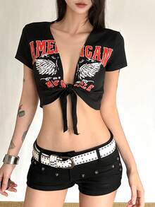 Women's Exquisite V-Neck Short Sleeve Knit Mid-Stretch Cropped T-Shirt, Front Tie Design, Printed Pattern - Black - View 2