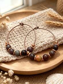 2pcs Bohemian Handmade Beaded Wooden Hoop Earrings For Women, Party, Daily, Vacation Matching - Multicolor - View 3