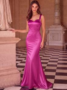 Basrey Elegant Solid Color Sleeveless Mermaid Tail Bridesmaid Dress Wedding Spring - Hot Pink - View 7
