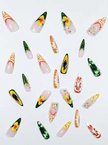 3D Drip Glue Papaya Grapefruit Petal Starfish Leopard Print Yellow Striped Green Edge French Tropical Vacation Style 24pcs Medium Almond Shaped Press-On Nails Fake Nail Tips Acrylic Molded Nails Y2K Nails - Multicolor - View 4
