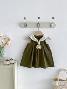 Miniweenns 1件嬰兒/幼兒女童學院風荷葉邊蝴蝶結復古公主無袖洋裝，夏季返校穿著（尺寸偏小） - 綠色 - 查看 3