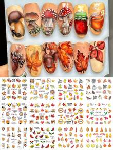12 Designs Maple Leaf Pine Cone Design Water Transfer Nail Stickers Sliders Little Squirrel Cute Cartoon Watermark Nail Decals DIY Manicure Decoration - Multicolor - View 1