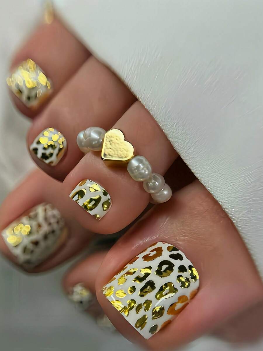 24 piezas Uñas postizas cuadradas cortas con estampado de leopardo dorado y blanco, estilo fashionable Y2K, adecuado para primavera/verano, incluye 1 hoja adhesiva y 1 lima de uñas mini, entrega aleatoria - Multicolor - Ver 1
