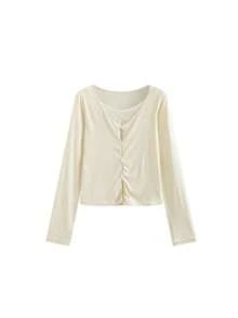Women's Summer Design 2 In 1 Slim Fit Knit Long Sleeve T-Shirt Casual - Apricot - View 2