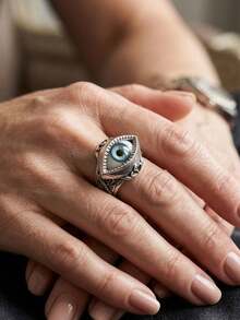 1pc Vintage Gothic Demon Eye Adjustable Ring, Women's Retro Blue Eyeball Open Ring, Punk Motorcycle Style Personalized Jewelry, Halloween Party Gift - Multicolor - View 3