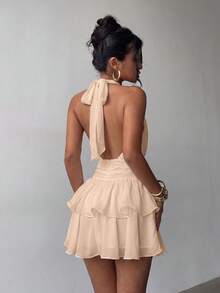 Elegant Fashion Halter Neck Backless Layered Ruffle Mini Dress Wedding - Apricot - View 2