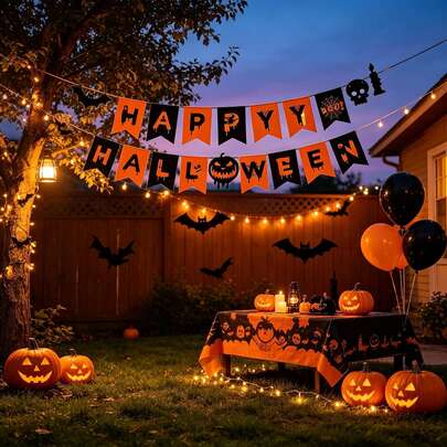 1set Halloween Happy Banner, Orange Black Drip Design Bunting Flag With Bat Skull Pumpkin Spiderweb Cutouts, Halloween Party Garland Decorations For Front Porch Door Indoor Outdoor Yard Home Haunted House Trick Or Treat Party Supplies