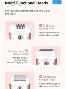 ALUSHEE 3-In-1 Women's Electric Epilator, Exfoliator, Shaver, Full Body Washable Hair Removal Device, 600mAh Battery Capacity, With Shaver, Epilator And Foot Grinding Head, Built-In LED Light, Dual Speed Mode, Rechargeable, Suitable For Face, Underarms And Legs Hair Removal - View 6