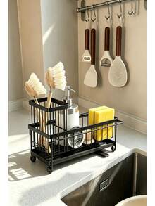 1pc 28*14*18cm Sponge Drain Rack, Rust-Proof Iron Material, Modern Minimalist Black Rectangular Countertop Storage Rack, With Detachable Drip Tray, For Storing Sponges, Pot Brushes And Dish Soap, Suitable For Kitchen Sink Daily Home Use - M - View 5