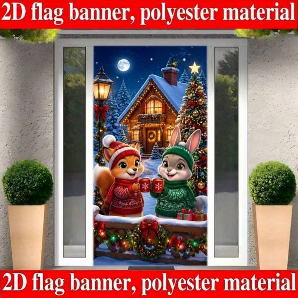 2D Flat 1 Piece Of Christmas-Themed Banner Background, Featuring A Fox-Rabbit Holding A Cup, A Snow Cottage, A Decorated Christmas Tree, Along With Colorful Lantern Garlands And Snow Scenery. Made Of Polyester Material, It Requires No Power Supply.