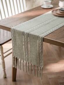 1pc Sage Green & White Woven Striped Table Runner, Rustic Country Style, Blended Material, Long Rectangular Shape With Tassel Edges And Woven Craftsmanship Details, Decorative Functional Table Runner For Daily Home Dining Table Arrangement And Fresh Natural Restaurant Decor Scenes - Green - View 1