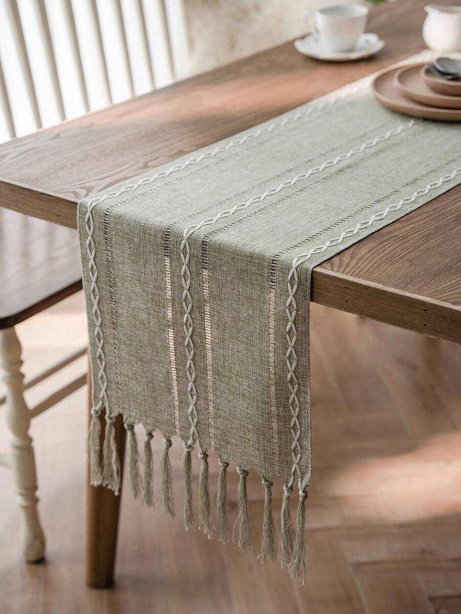 1pc Sage Green & White Woven Striped Table Runner, Rustic Country Style, Blended Material, Long Rectangular Shape With Tassel Edges And Woven Craftsmanship Details, Decorative Functional Table Runner For Daily Home Dining Table Arrangement And Fresh Natural Restaurant Decor Scenes - Green - View 1