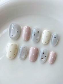 10pcs Handmade Almond-Shaped Press-On Nails, Y2K Soft & Gentle Style, Pink-Grey Creamy Glossy Glitter Base, Polka Dot & Small Star Decorative Pattern, Suitable For Women And Girls, Spring, Summer, Autumn, Winter, Holiday Parties And Daily Wear - Pink - View 7