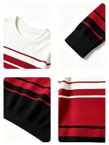 Kids Boys Contrast Striped Knit Pullover Long Sleeve Crew Neck Casual Sweater For Autumn Winter Daily Outfit - White - View 5