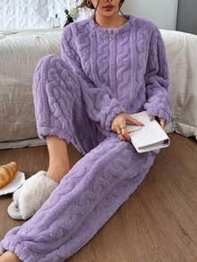 Dreamivo 2pcs/Set Women's Solid Color Pajama Set, Thermal Lined Thick Long Sleeve Long Pants Pajama Set, Simple And Fashionable - Purple - View 1