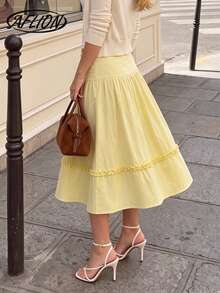 Women's Summer Casual Yellow High Waist Ruffled Midi Skirt, Button Detail Tiered Flowy Skirt - Yellow - View 2