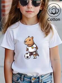 Tween Girl Customized Cotton Top, Spring/Summer Round Neck Short Sleeved T-Shirt With Cartoon Soccer Print, Suitable For Daily Casual Wear And Vacation - White - View 1