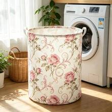 1pc Pink Rose Print Large Foldable Storage Basket, 40CM/50cm Fabric Laundry Hamper, Sundries Storage Bin, Suitable For Bedroom, Living Room, Bathroom, Laundry Room Multi-Scenario Storage - View 4