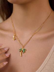 1pc Green Enamel Palm Tree Pendant Necklace, Women's Coconut Tree Stainless Steel Necklace, Tropical Bohemian Style Summer Beach Vacation Jewelry - Palm Trees - View 2