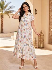 Heavy Print Arabic Women's 2026 New Summer Beige Elegant Dress, JALABIYA Small Stand Collar With V-Neckline, Summer Casual Travel Outfit - Beige - View 6