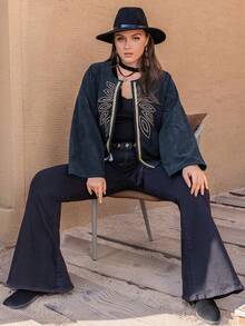 Jaket Bohemian Vintage Bordir Korduroi Biru Tua untuk Wanita Ukuran Besar - Navy Blue - View 4