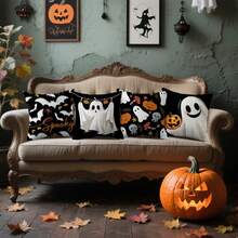 4pcs Cute Ghost Halloween Pillow Covers, Cartoon Bat, Spider, Pumpkin, Skull, Mushroom Cushion Covers, Black Background Minimalist Spooky Farmhouse Style Sofa Home Decor, Single-Sided, Pillow Insert Not Included - Black - View 8