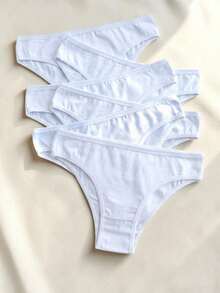 Set Of 5 Premium Cotton Thong Panties, Comfortable, Plain, White - 白色 - 查看 1