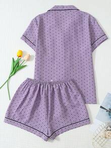 2件組迷你黑點印花女款夏季對比飾邊翻領短袖鈕扣上衣與蝴蝶結短褲睡衣套裝 - 紫色 - 查看 2