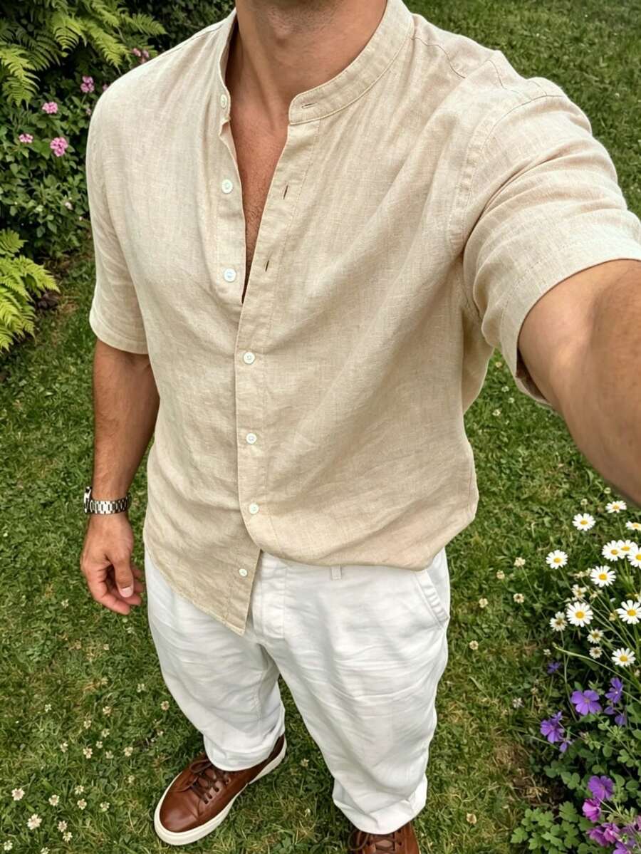 Men's Summer Vacation Linen Blend Button-Up Shirt - Apricot - View 1