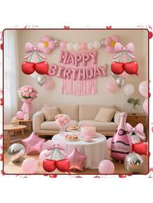 1/2/4pcs Red Cherry Pink Bow Foil Balloons, Self-Sealing, Perfect For Cherry Theme Birthday And Summer Wedding Party - Bowknot Cherry Balloon - View 6