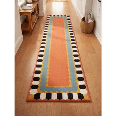 1pc Mid Century Modern Color Block Hexagon Border Runner Rug, Terracotta Teal Geometric Long Hallway Mat, Non Slip Washable Retro Boho Entryway Kitchen Floor Carpet