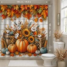 1pc/4pcs Autumn Harvest Pumpkin & Maple Leaf Multi-Functional Bathroom Decor Shower Curtain Set, Free 12 Hooks, Premium Holiday Atmosphere, Bathroom Mat, U-Shaped Rug And Round Toilet Lid Cover, Suitable For All Occasions, Bathroom Set - Pumpkin Harvest - View 12