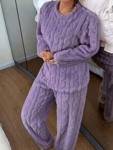Dreamivo 2pcs/Set Women's Solid Color Pajama Set, Thermal Lined Thick Long Sleeve Long Pants Pajama Set, Simple And Fashionable - Purple - View 5