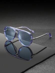 1 Pair Men's Blue Double Bridge Aviator Fashion Sunglasses, Refreshing Minimalist Mature Style Versatile Sunglasses, Suitable For Daily Commute, Business Office, Outdoor, Street, Travel, Vacation, Driving - Transparent Blue Film - View 3