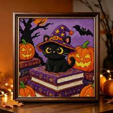 1 Halloween Black Cat Witch Hat Cross Stitch Full Material Kit, Beginner Friendly DIY Embroidery, Home Decor Wall Hanging, Holiday Stress Relief Handmade Gift - Multicolor - View 12