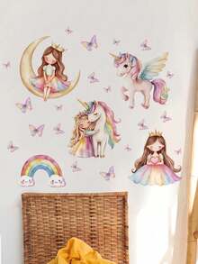 1pc Rainbow Moon Crown Girl Unicorn Butterfly Wall Decor Sticker, Removable Wall Decal For Bedroom, Living Room, Kids Room - 1PC - View 5