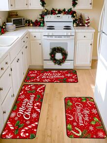 1/16pcs Christmas Decorative Floor Mat (40x60cm / 50x80cm / 40x120cm) Minimalist Style, Red Background With Candy Cane And Holly, Suitable For Christmas Winter Home Decor, Entryway Mat, Bathroom Kitchen Holiday Decoration - Multicolor - View 1