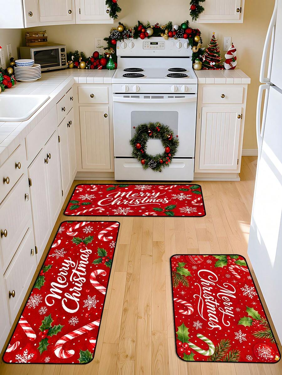 1/16pcs Christmas Decorative Floor Mat (40x60cm / 50x80cm / 40x120cm) Minimalist Style, Red Background With Candy Cane And Holly, Suitable For Christmas Winter Home Decor, Entryway Mat, Bathroom Kitchen Holiday Decoration - Multicolor - View 1