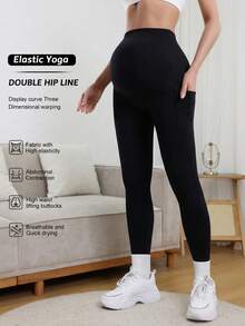 Legging Hamil Tanpa Jahitan Pinggang Tinggi Elastis Warna Polos Hitam - Hitam - View 4