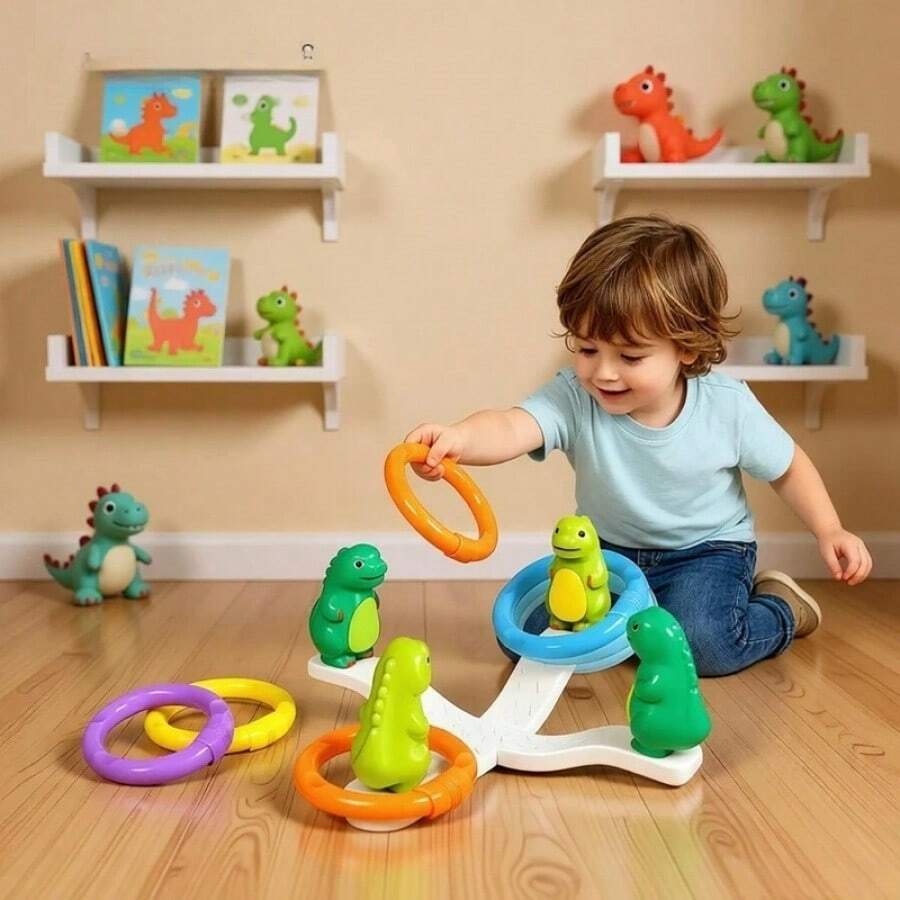Juego divertido de lanzamiento de anillos con dinosaurios, set de juguete mecedora para niños, regalo interactivo para fiestas, entrenamiento de coordinación mano-ojo, apto para juegos al aire libre y en interiores.
