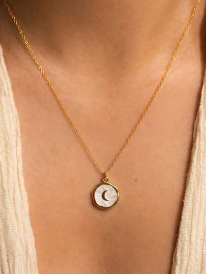 1 peça Colar com Corrente e Pendente Lua Gota de Óleo em Aço Inoxidável Dourado, à Prova de Água e Não Desbota, para Mulher, Uso Diário, Sobreposição, Praia, Férias e Festa