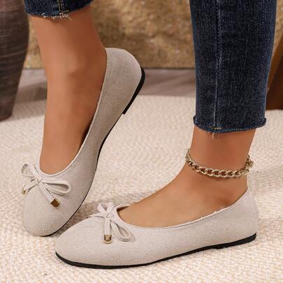 Women's Suede Bowknot Gold Decor Round Toe Flat Shoes, Soft Sole Low Vamp Loafers, Gentle Korean Style, All Season Commute