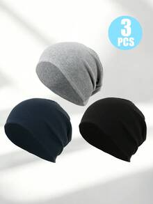 3PCS Autumn/Winter Solid Color Knitted Beanie Hat, Simple Basic Style Slouchy Hat, Breathable Knitted Headscarf Hat For Daily Commute, Cycling - 3Pcs - View 2