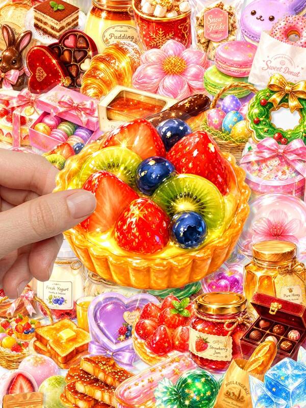 50Pcs Glitter Sparkly Dessert Clear PET Stickers, Transparent Shiny Sweet Bakery Decals, Croissant Fruit Tart Chocolate Floral Bow Candy Sticker Pack, Aesthetic Decor For Journal, Phone Case, Photocard Crafts