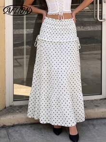 Aflion Women Summer Fall White Polka Dot Maxi Skirt, Elastic High Waist Ruffle Hem Skirt With Side Drawstring For Daily, Date & Vacation - White - View 4
