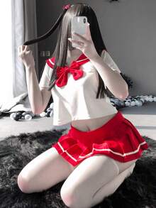 一套性感清纯校服百褶裙角色扮演服装（不含丝袜） - 紅色 - 查看 6